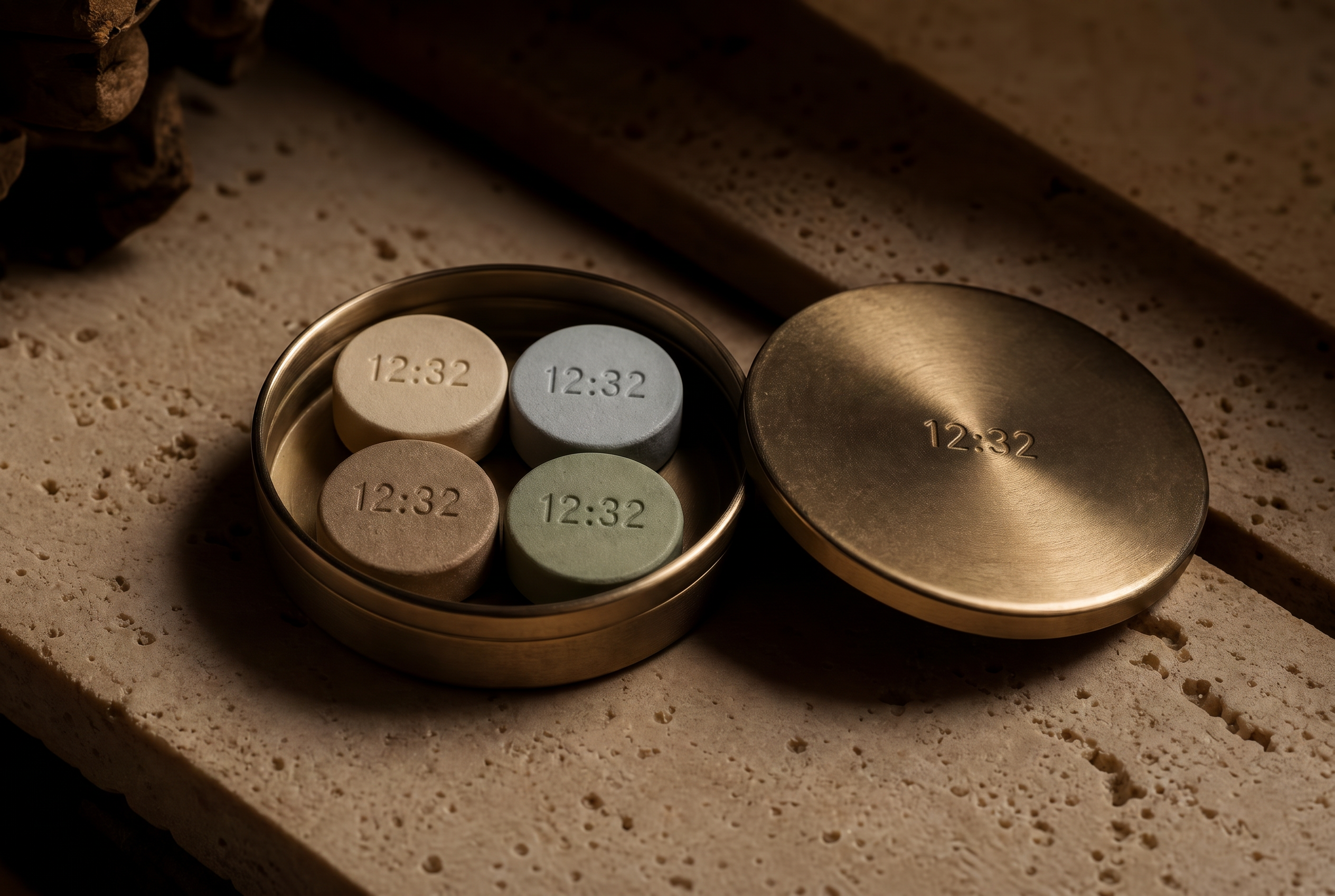 An open champagne-metal PHRONOS case resting on warm travertine in low light