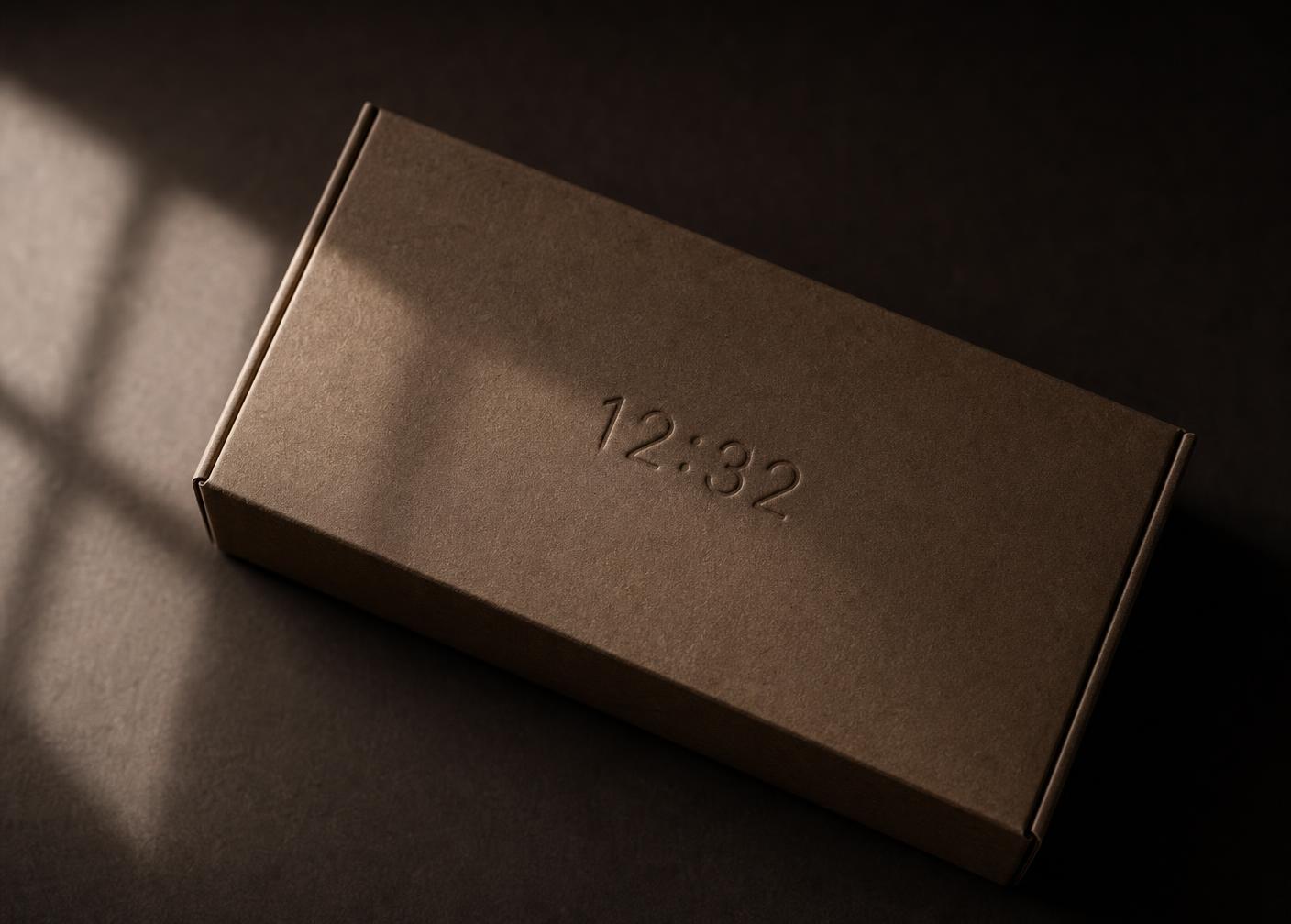 A PHRONOS box in uncoated espresso board with a blind-debossed 12:32