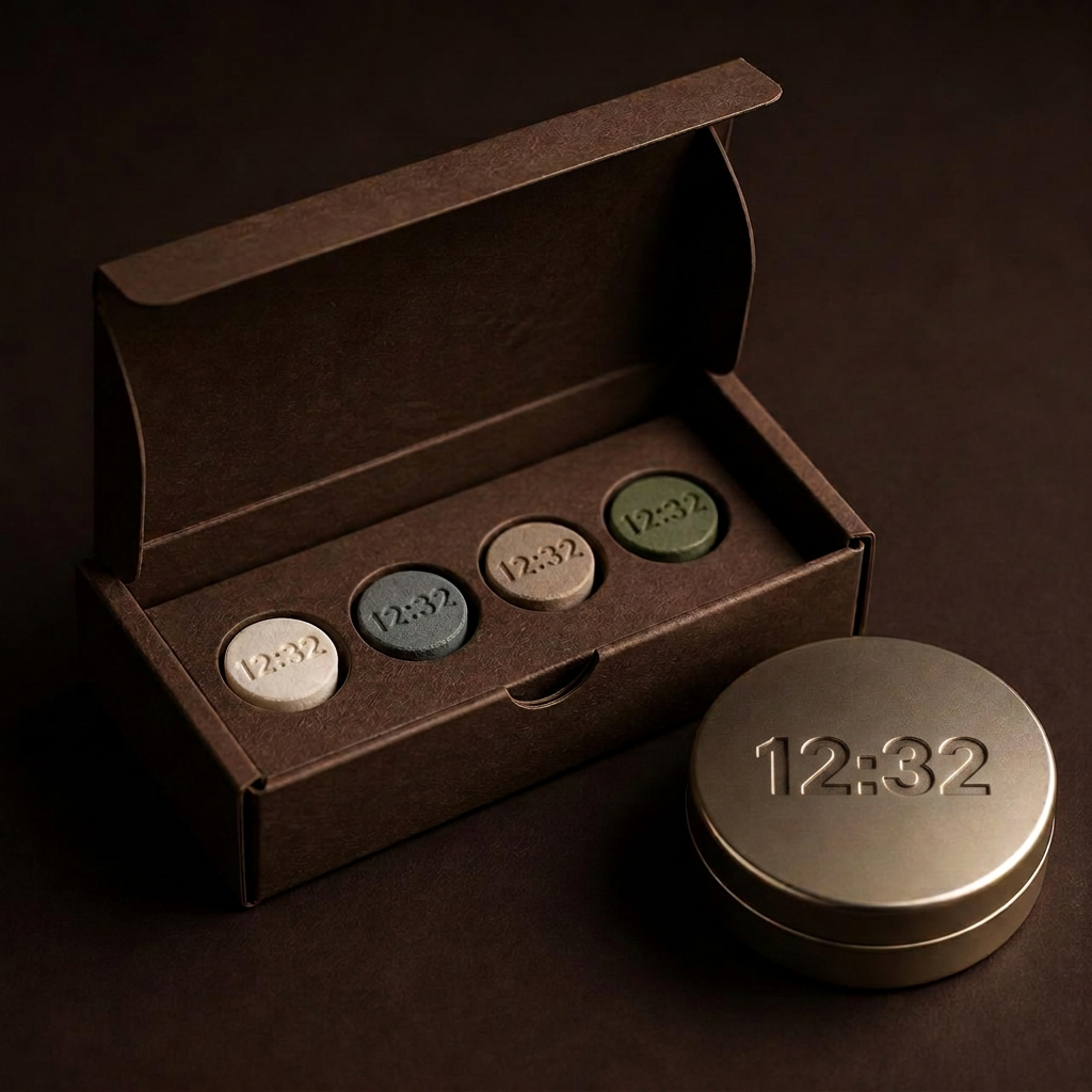 An open PHRONOS box with a moulded paperboard tray holding four tablets beside the champagne-metal tin