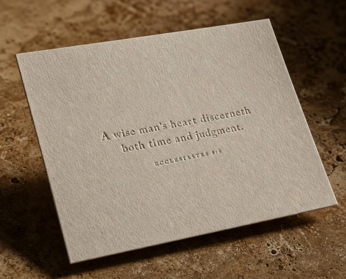 The reverse of the card, letterpressed with the Ecclesiastes 8:5 reflection