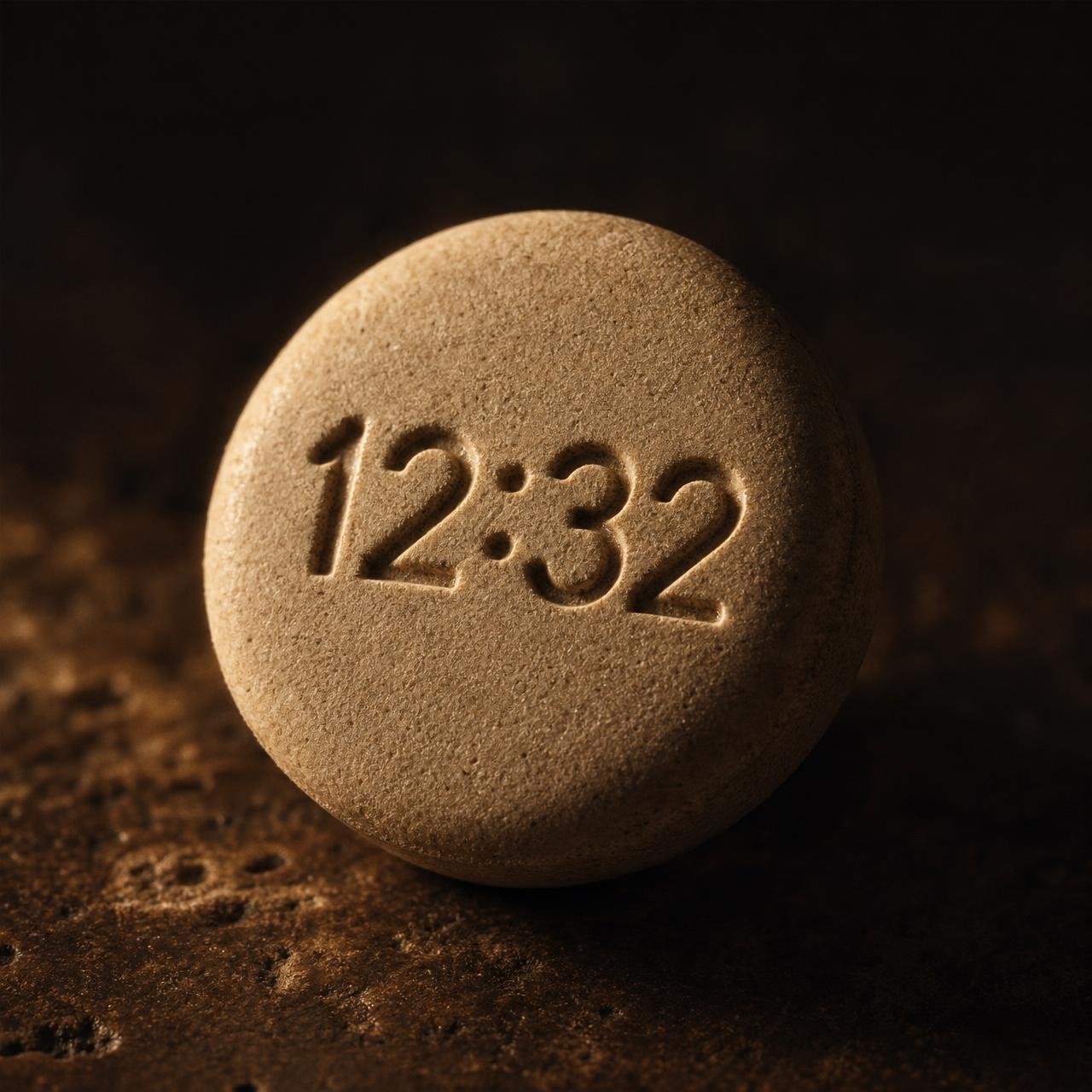 Macro of a PHRONOS tablet, its matte surface struck with 12:32
