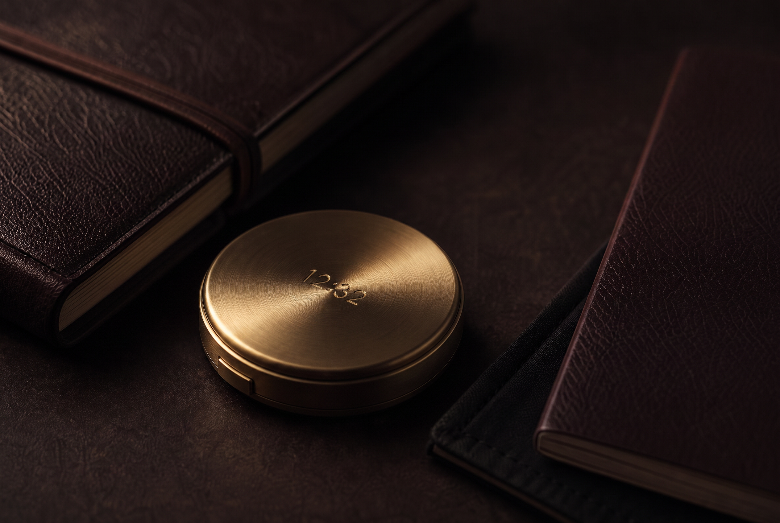 A closed PHRONOS case beside a leather notebook and passport on a dark surface